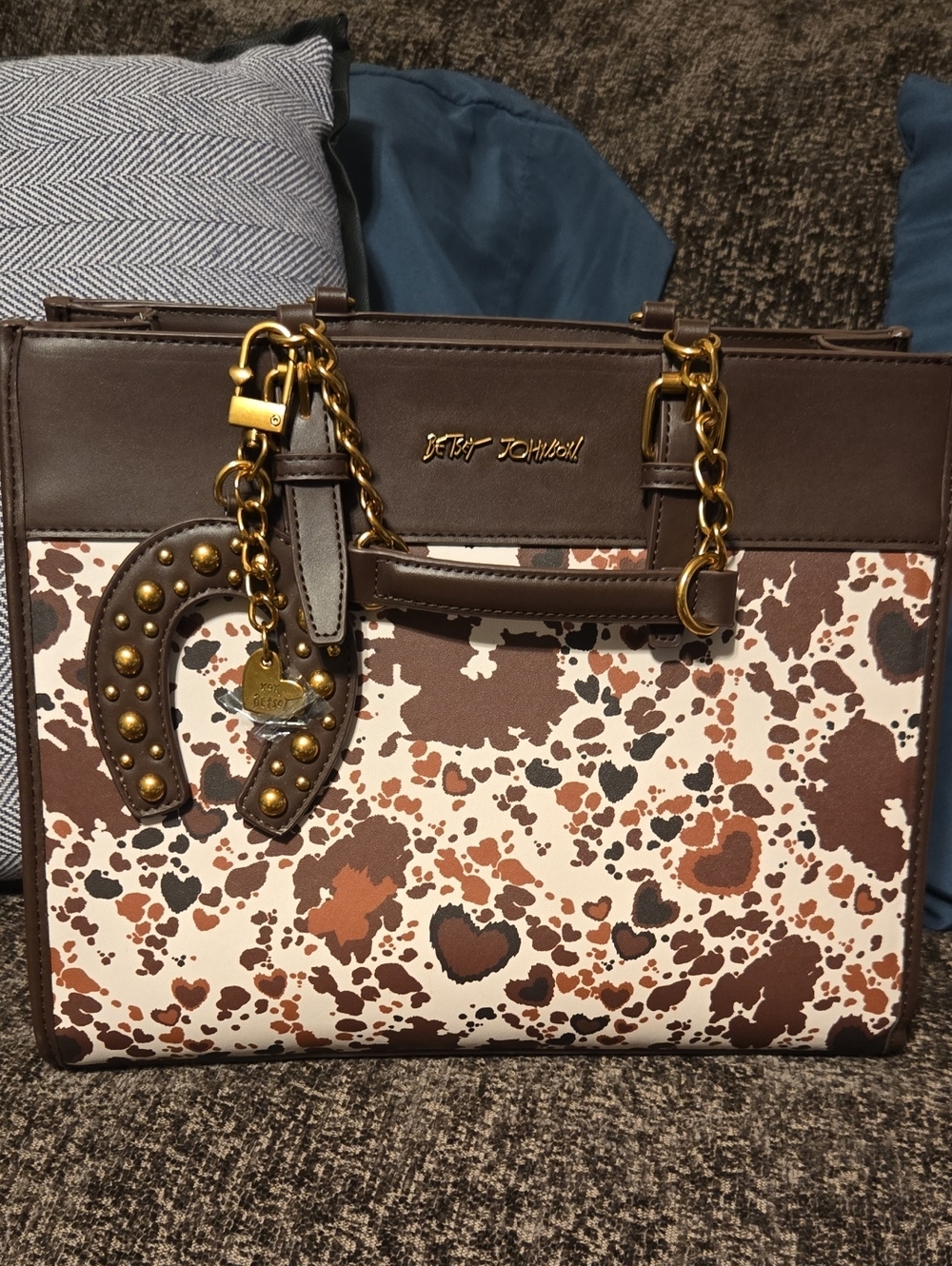 Betsey Johnson Brown and Cream Cowprint Tote with Gold Accents